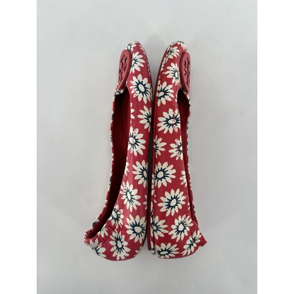 Tory Burch Minnie Travel Flats Womens 9M Red White Ballet Floral Leather Slip On - Picture 6 of 11